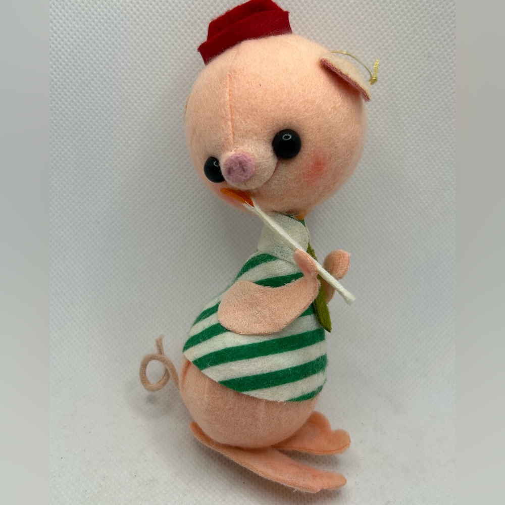 Vintage Ornament Pig Striped Green Pink Plush Like Christmas Tree Holiday